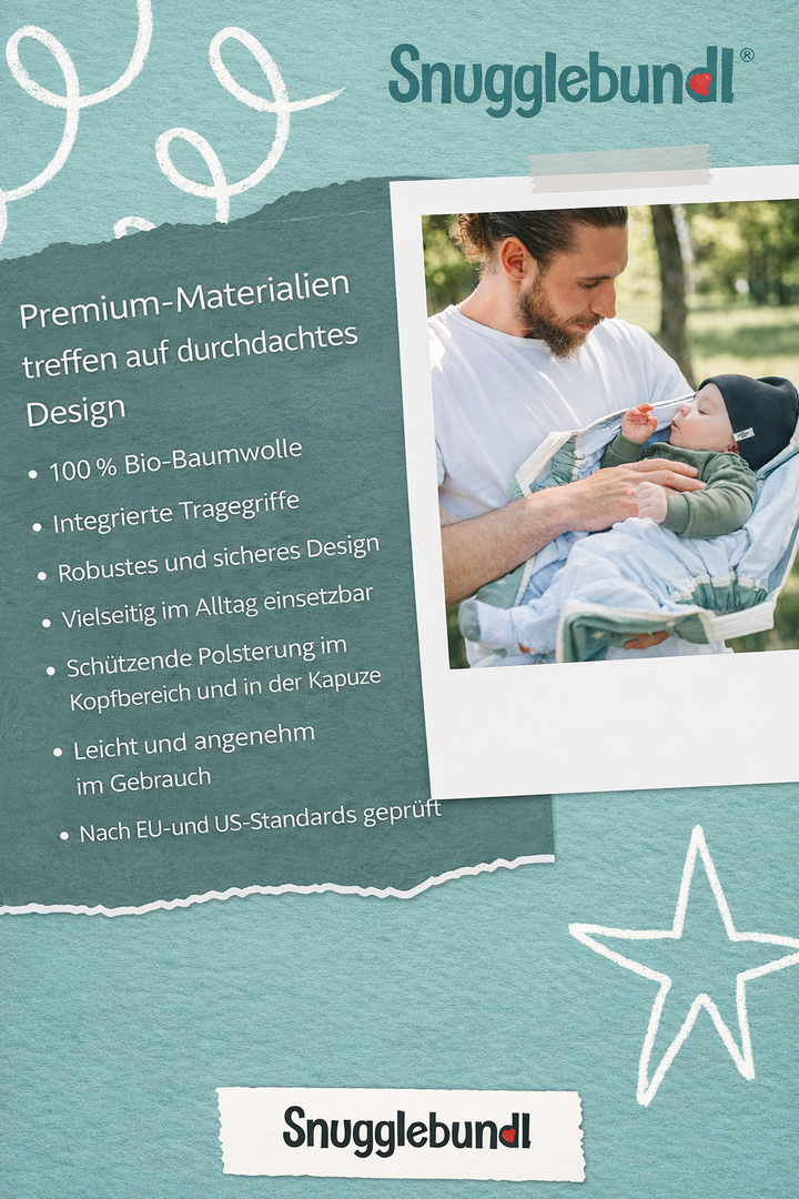 Snugglebundl Babywiegedecke von babydecke.de, Bio-Baumwolle, mit Griffen, zum einfachen Heben und Legen im Schlaf, für Babys.