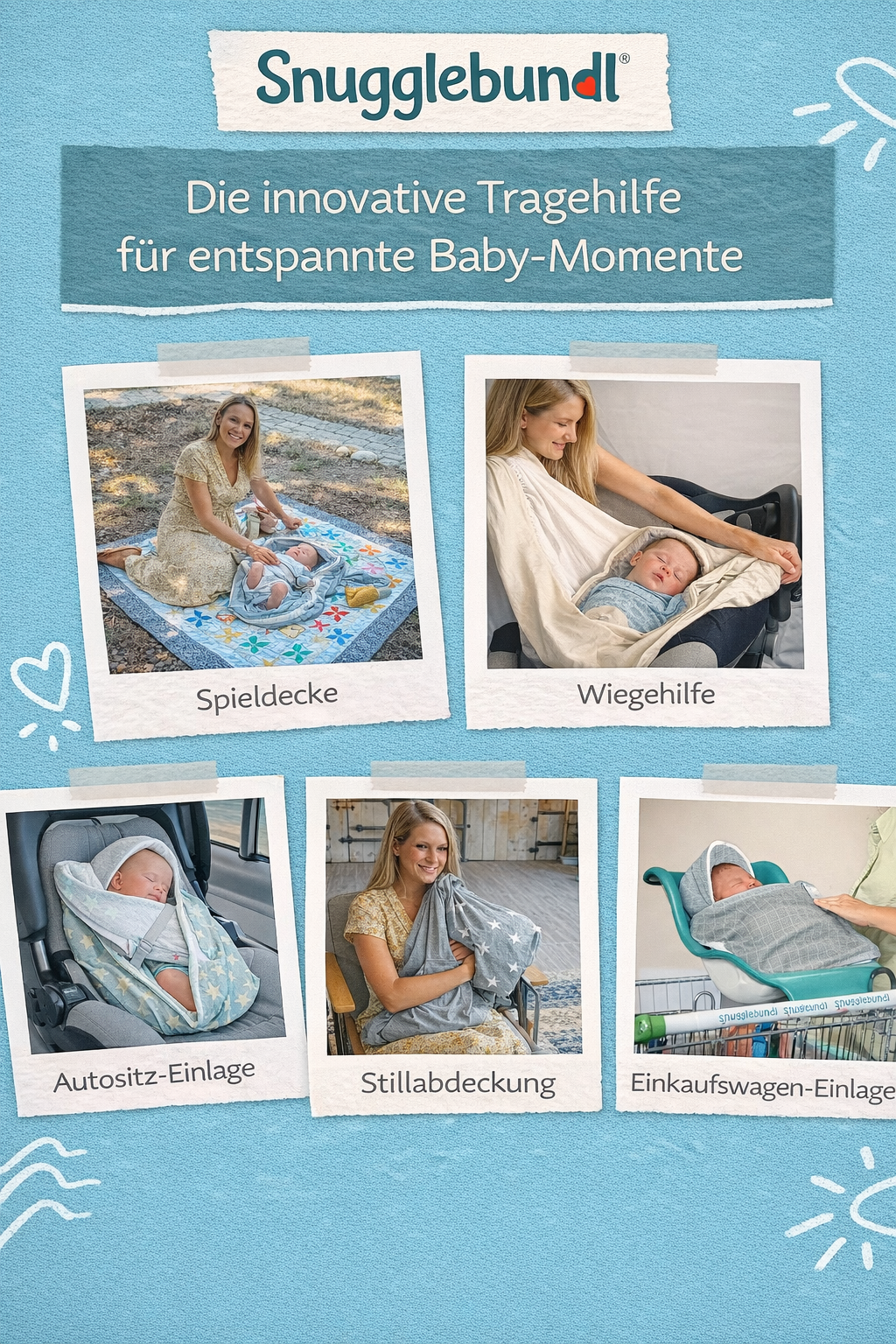 Babydecke.de Snugglebundl Babytragehilfe mit Griffen, aus Bio-Baumwolle, zum einfachen Hochheben und Legen im Schlaf, Babyschlafdecke