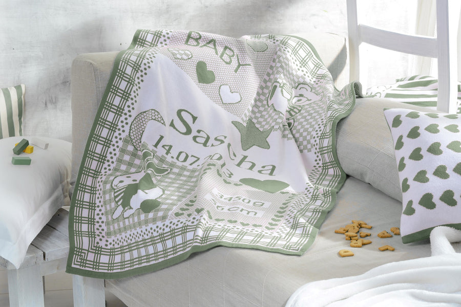 Babydecke Kuschelmich mit Namen in der Farbe Mint und aus 100% Bio Baumwolle