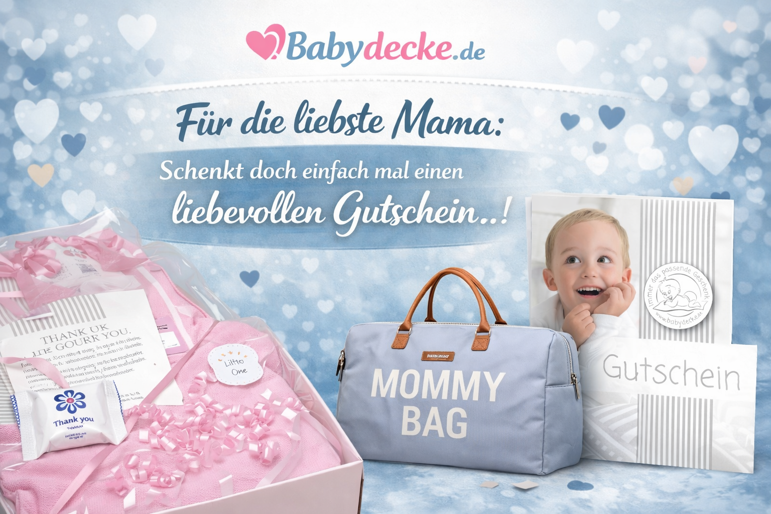 Geschenkgutschein für Babydecke.de, ideal für Muttertag, auf einem Banner mit bunten Blumen und Geschenkverpackung.