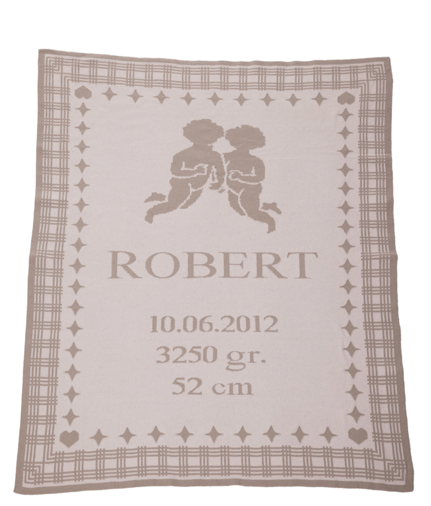 Babydecke STERNZEICHEN Zwilling mit Namen in Beige aus 100% Bio Baumwolle
