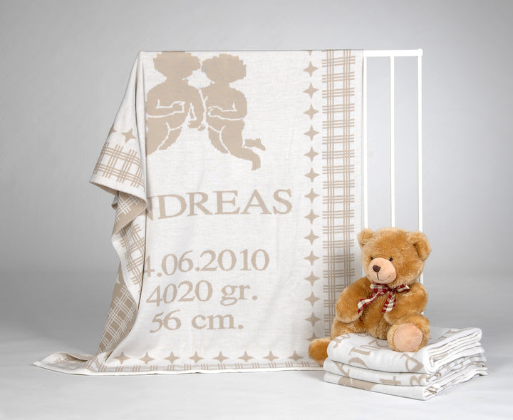 Babydecke Sternzeichen Zwilling mit Namen in Beige aus 100% Bio Baumwolle