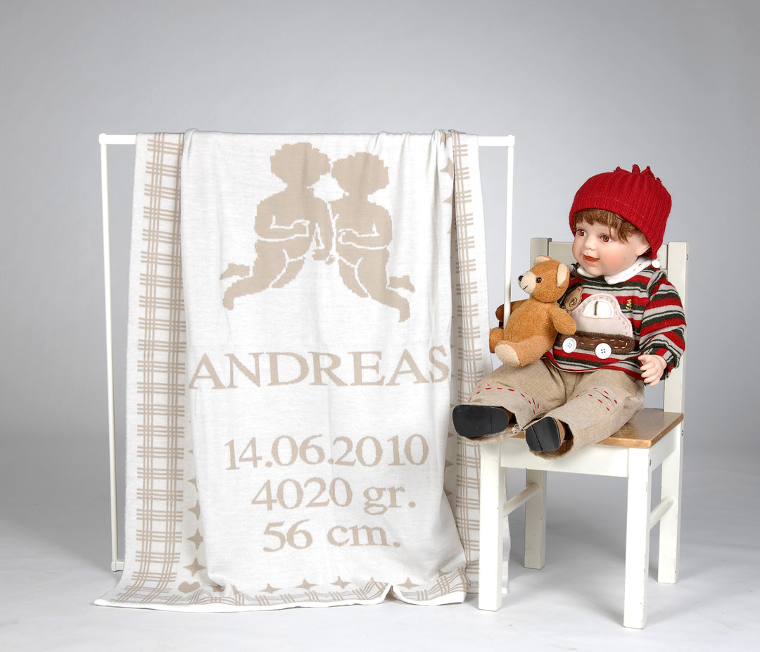 Babydecke STERNZEICHEN Zwilling mit Namen in Beige aus 100% Bio Baumwolle 