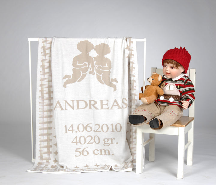 Babydecke STERNZEICHEN Zwilling mit Namen in Beige aus 100% Bio Baumwolle 