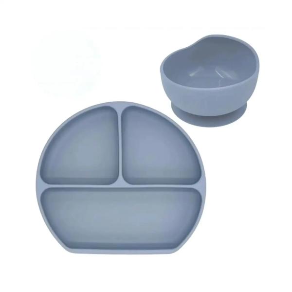 TidyTot Sparpack Esslern-Schale und Esslern-Teller mit Saugfunktion - grau